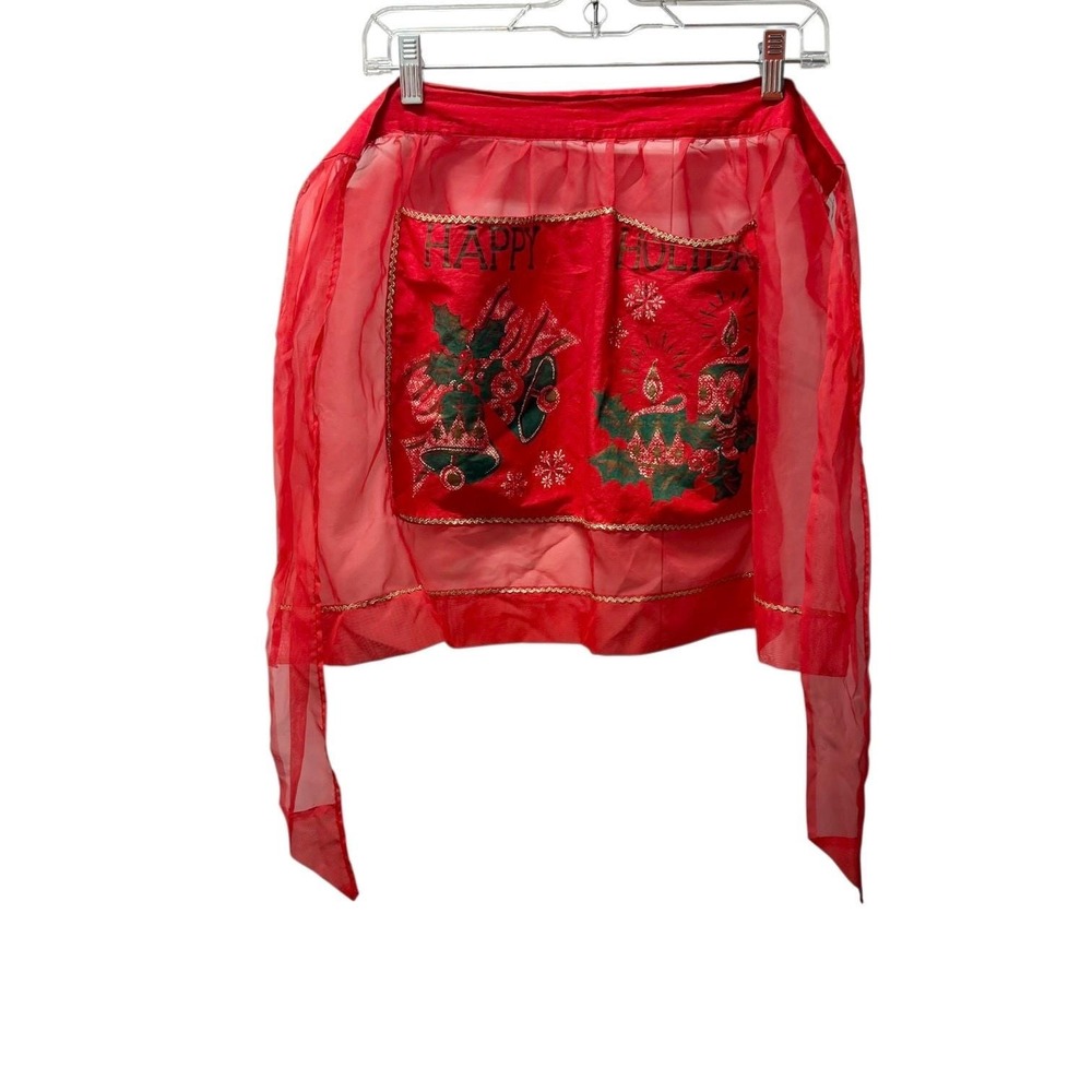 Vintage 50s MCM Christmas Half Apron Red Organza Happy Holidays Gold Trim